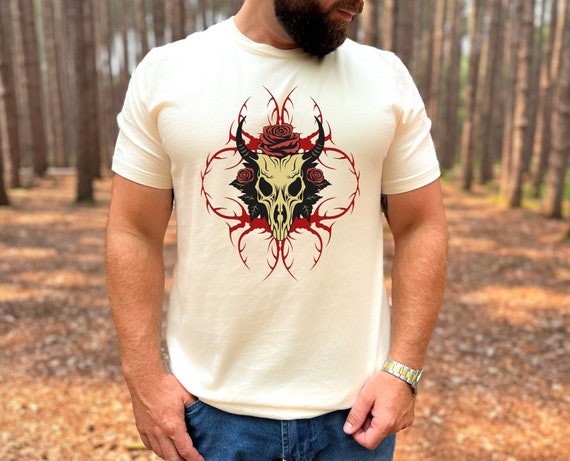 Gothic Cow Skull and Roses, Cow Skull Shirt, Rustic Western Shirt, Rose shirt, Gothic Shirt, Tattoo Style, Western Shirt, Cowboy Shirt
