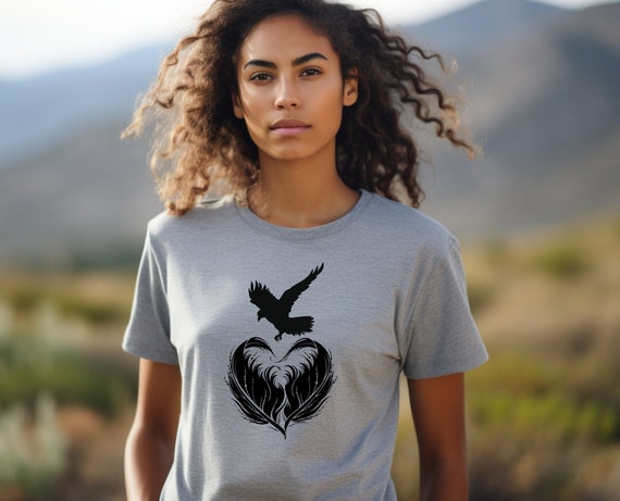 Feather Heart and Raven - Heart Shirt, Raven Shirt, Feather T-shirt, Nature Inspired, Gothic Shirt, Crow Shirt, Feather Artwork, Bird Lover