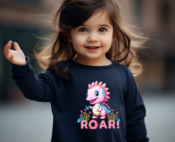Whimsical Girl Dinosaur Touching Butterflies, Toddler Long Sleeve Shirt, Dinosaur Lovers Shirt, Girl Apparel, Butterfly Shirt, Dino Shirt