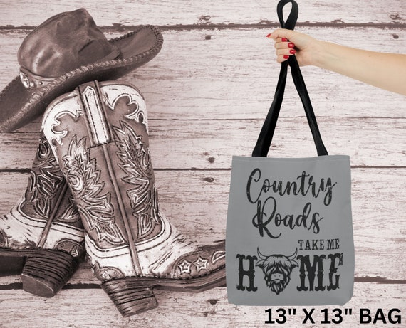 Country Roads Tote Bag, Cow Lover Gift, Cowgirl Tote, Wine Lover tote, Western Bag, Coastal Cowgirl, Cowgirl Accessories, Travel Bag
