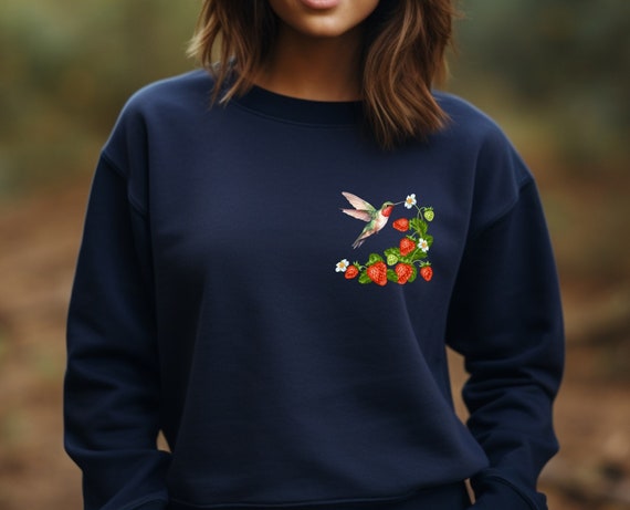 Strawberry Vine Sweatshirt with Hummingbird and White Flowers - Unique Nature Design!
