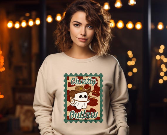 Ghostly Outlaw Sweatshirt, Cute Cowboy Ghost Western Halloween Crewneck, Fall Western Aesthetic Pullover for Spooky Season, Autumn Outings