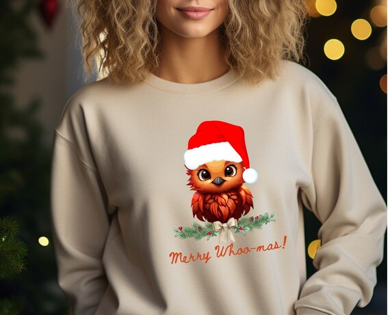 Festive Owl Sweatshirt: Stay Warm with a Cute Santa Hat Owl Design and Whimsical 'Merry Whoo-mas' Message