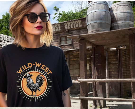 Wild West Rooster Tee, Unisex Graphic Tee, Cowboy Vintage Style Shirt, Western Theme Apparel, Perfect for Country Lovers