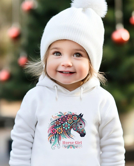 Floral Horse Girl Toddler Pullover Fleece Hoodie, Youth Equestrian Sweatshirt, Kids Horse Lover Gift, Cute Pony Riding Hoodie, Horseback