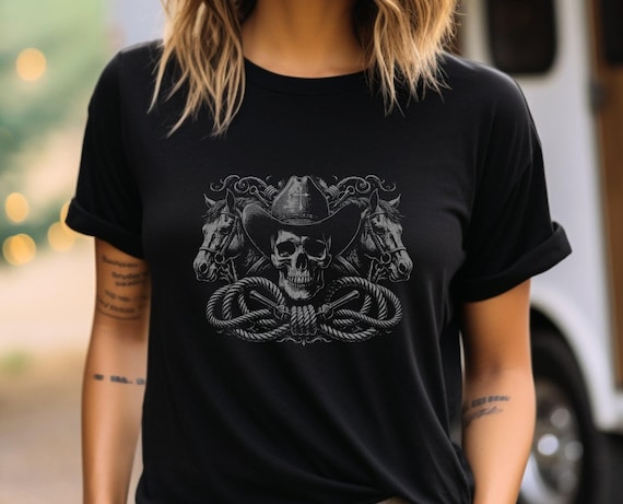 Outlaw Western, Horses, Skull Cowboy Hat Unisex  T-shirt, Vintage Western Tee, Wild West Shirt, Western Outlaw Clothing, Cowboy Shirt,