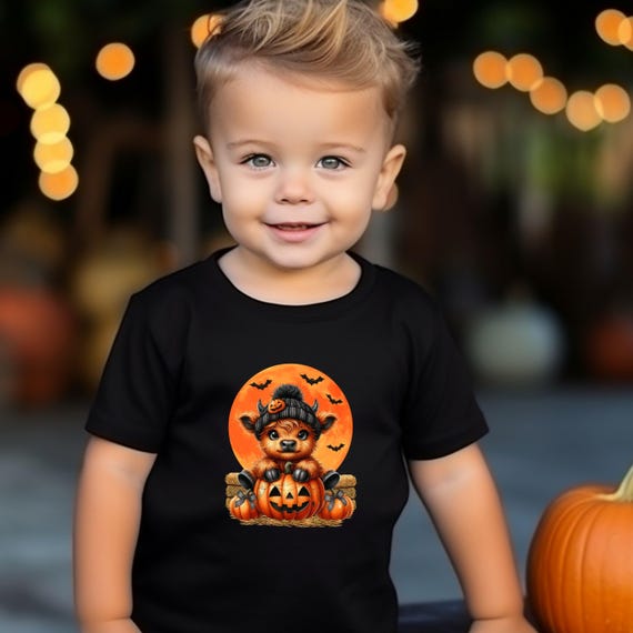 Kids Highland Cow Halloween Tee, Cute Toddler Fall Pumpkin Tee, Youth Spooky Season T-Shirt, School Party Shirt, Trick or Treat Tshirt