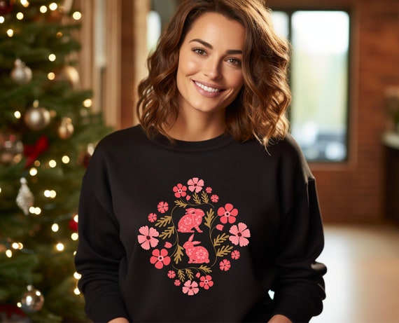 Cozy Cottagecore Rabbit Sweatshirt, Floral Bunny Sweater, Warm Floral Crewneck, Nature Lover Gift, Botanical Pullover, Spring Rabbit Sweater