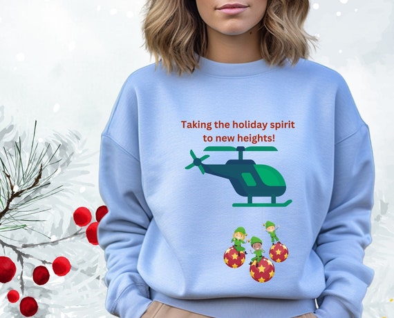 Sweatshirt With Elves Dangling From A Helicopter Ready For Your Ugly Sweater Party!