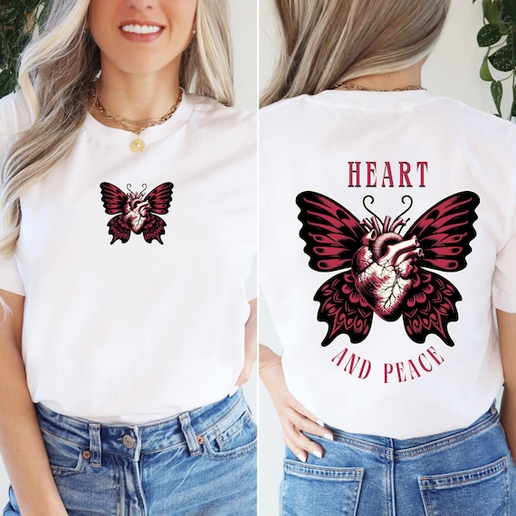 Cottagecore Tee, Gothic Heart and Peace Shirt, Butterfly Graphic Top, Unisex Tee, Gift for Her, Statement Tee, Vintage Style Tee, Soft Tee,