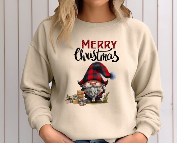 Christmas Gnome Sweatshirt, Festive Holiday Sweater, Cozy Winter Pullover,  Xmas Top, Merry Christmas Shirt, Buffalo Plaid Crewneck