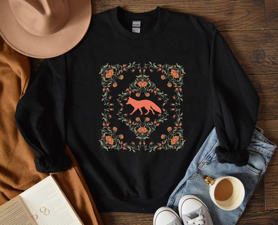 Floral and Fox Cottagecore Sweatshirt, Nature Lover Gift, Cozy Crewneck Jumper, Gift For Mom, Woodland Animal Top, Rustic Sweater