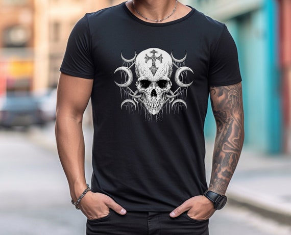 Edgy Lunar Skull: Skull Shirt, Moon Shirt, Gothic Inspired, Tattoo Style, Cross T-Shirt, Moon Phases, Grunge Style, Rock Shirt , Edgy Shirt