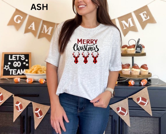 Festive & Trendy: Buffalo Plaid Deer Design on Soft Bella Canvas Merry Christmas Shirt