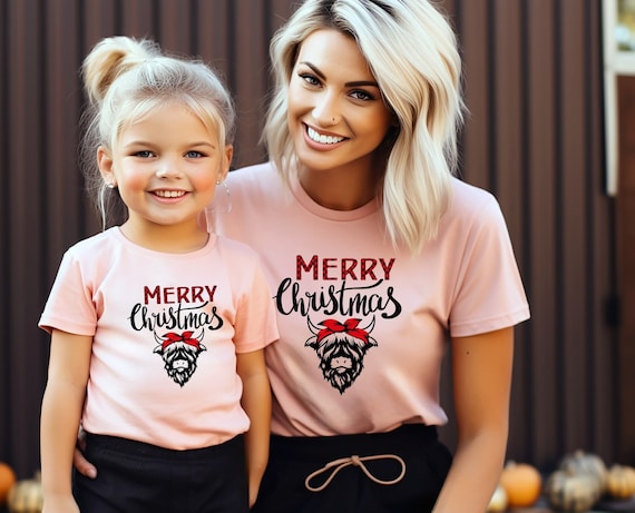 Holiday Highland Cow Mommy and Me Shirts - Festive Headband, Merry Buffalo Plaid - Ideal for All Moms, Daughters Toddler/Youth, and Grandmas