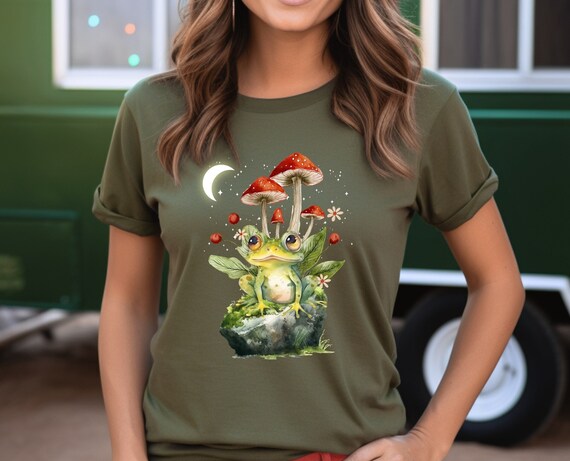 Nature Lovers' Delight Tee, Frog Lovers, Frog Tee, Cute Frog Shirt, Mushroom Tshirt,  Moon Shirt, Stars Tee, Nature Lovers, Frog on Mushroom