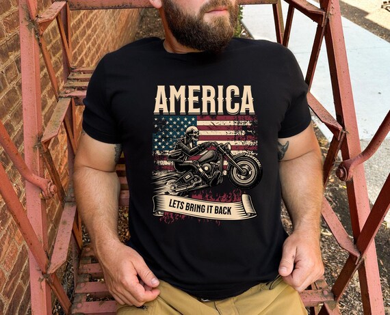 America Unisex Tee,Skeleton Riding Motorcycle, Patriotic Graphic Shirt, Distressed Flag Biker , Let's Bring it Back, Fourth of July Gift,