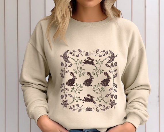 Rabbit  Woodland Animal Sweatshirt,  Rabbit Sweater, Botanical Sweater,  Bunny Sweatshirt, Floral Shirt, Nature Lovers, Cottagecore