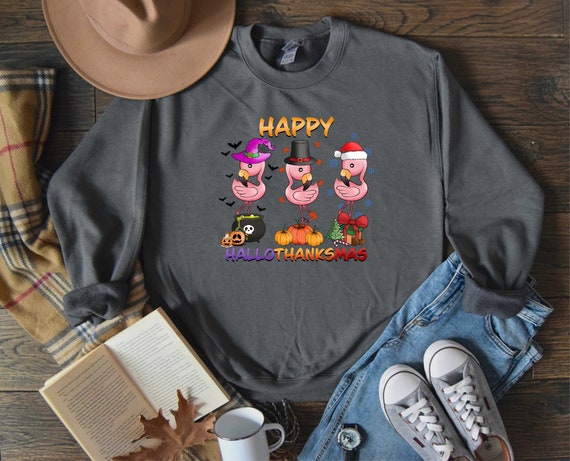 Flamingo Happy Hallothanksmas Sweatshirt, Holiday Shirt, Fall Shirt, Christmas shirt, Halloween Shirt, Holiday Season, Thanksgiving Shirt