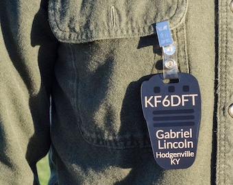 Ham Radio Badge ID, Microphone Shape, Gift for ham, Name Tag, Ham Made, Call Sign