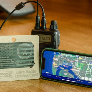 May include: A brown card with the text "Ham Radio License Card" and the text "Federal Communications Commission (FCC) Amateur Radio License" is displayed next to a black handheld radio with a digital display showing "14390". A green smartphone with a map of San Diego is also shown.