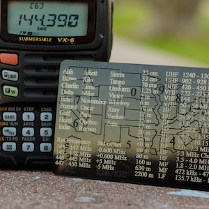 May include: A black handheld radio transceiver with a digital display showing "144.390" and the text "SUBMERSIBLE VX-6". A black metal card with a map of the United States and frequency bands is next to the radio. The card shows the text "KH6/KH7".