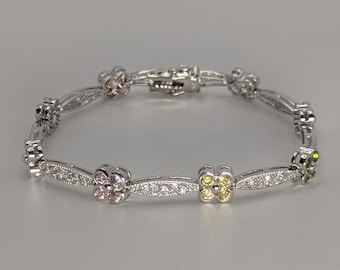 Vintage FAS 925 Sterling Silver Rainbow Gemstone Bracelet • New Old Stock •  Floral Link Tennis Style