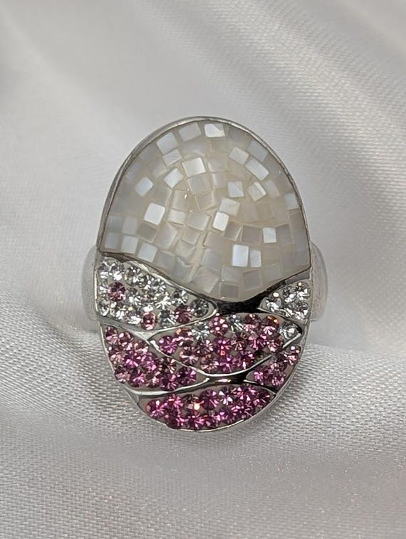 Sterling Silver Mosaic Ring, Iridescent Tile & Pi… - image 1