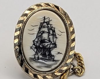 Vintage Scrimshaw Style Sailing Ship Tie Tack | Nautical Gold Tone Oval Ship Pin with Chain & Bar