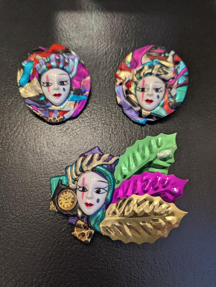 Handcrafted signed New Orleans Brooch/Pin and Earrings