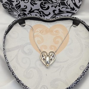Brighton “Lacrima” Heart Necklace – Style JN2842 – Silver Scroll Pendant with Pearl Center – Original Tin & Tag image 1