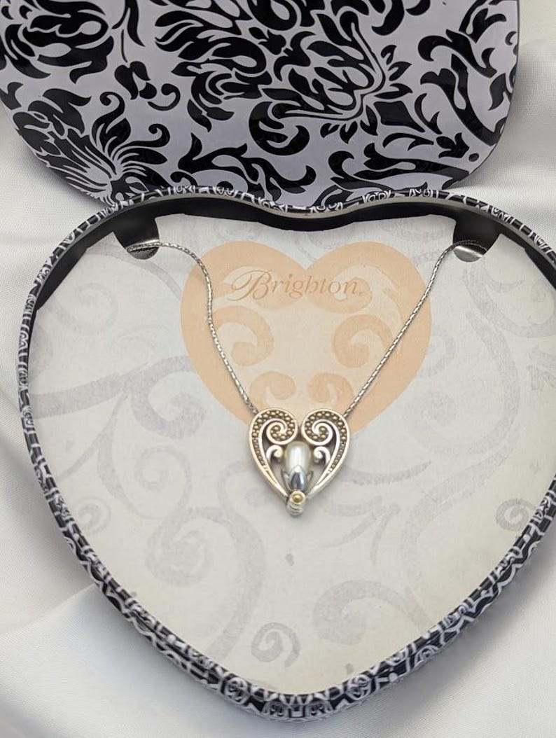 Brighton “Lacrima” Heart Necklace – Style JN2842 – Silver Scroll Pendant with Pearl Center – Original Tin & Tag image 1