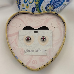 Brighton Mini Post Earrings – Red Crystal Studs with Original Heart Tin – Silver Tone Rope image 1