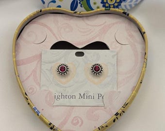 Brighton Mini Post Earrings – Red Crystal Studs with Original Heart Tin – Silver Tone Rope