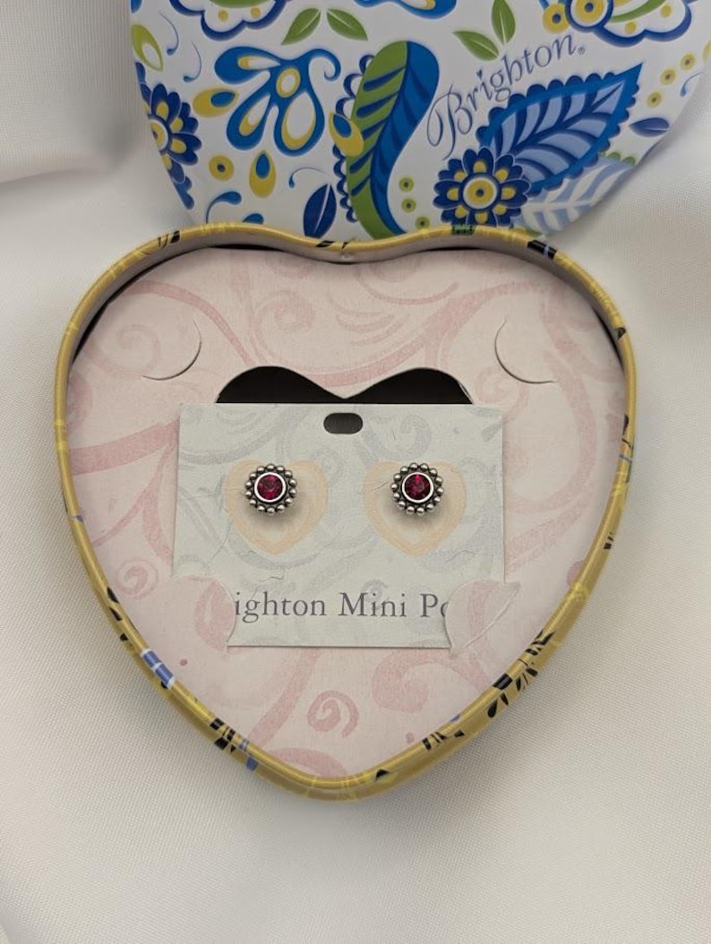 Brighton Mini Post Earrings – Red Crystal Studs with Original Heart Tin – Silver Tone Rope image 1