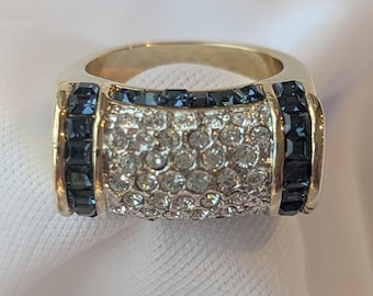 8kt GE Vintage Statement Ring Blue Sapphire & Clear Crystal Size 6