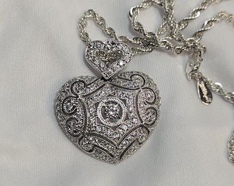 Vintage Sterling Silver Rhinestone heart Pendant with Chain