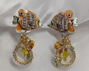Lunch at the Ritz Tropical Fish Earrings – Enamel Dangle Hoops with Beads, Rare Ocean Theme