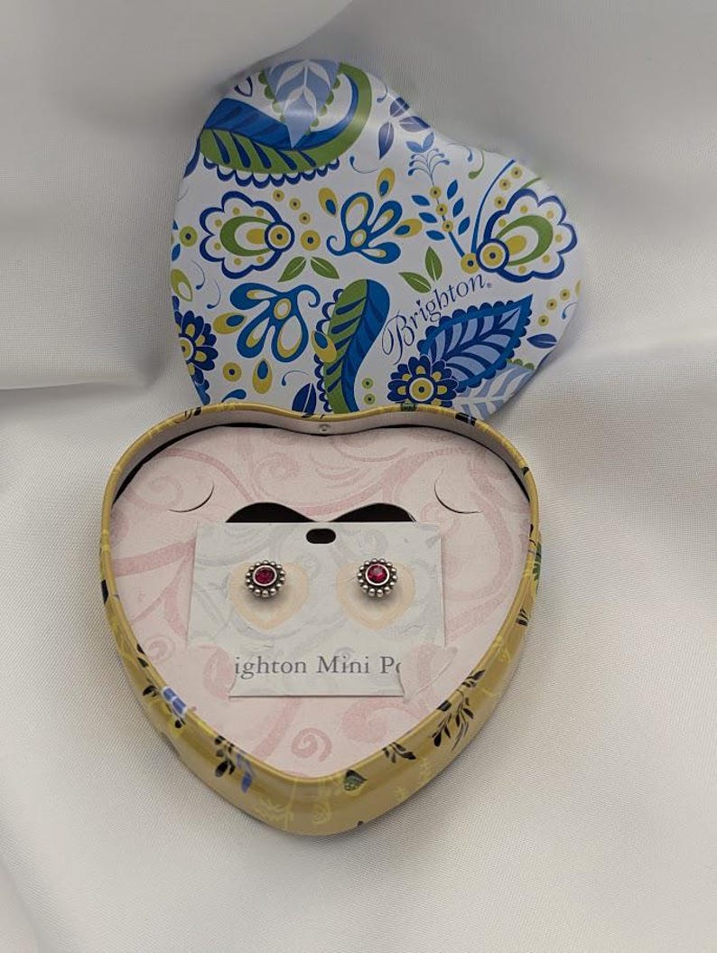 Brighton Mini Post Earrings – Red Crystal Studs with Original Heart Tin – Silver Tone Rope image 9