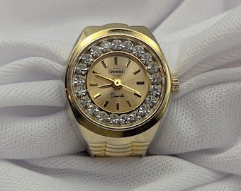 DENISE Gold Tone Ring Watch – Rhinestone Bezel Mini Quartz Watch – Vintage Style