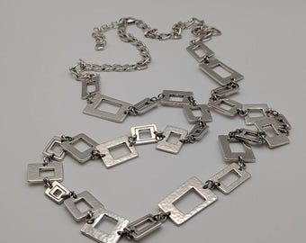 Brighton Geometric Silver Necklace – Hollow Squares, Heart Logo Charm & Adjustable Chain