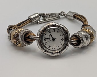 Chico’s Watch Bracelet – Wire Cords, “Take Chances” & “Create Change” Charms, Quartz Movement