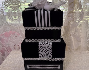 Card Box Black Velvet with Striped and Polka Dot Ribbon, Enhanced with Rhinestones Around Each Box and White Rose and White Dove on Top