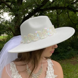 Wedding fedora hat white felt with scalloped hatband of white and iridescent sequins. the 34 inch veil is two shear layers.  one of a kind.
