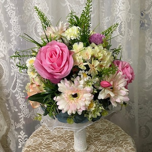 Wedding bouquet with beautiful high quality silk pink and white roses, light yellow hydrangea accented with various flowers.