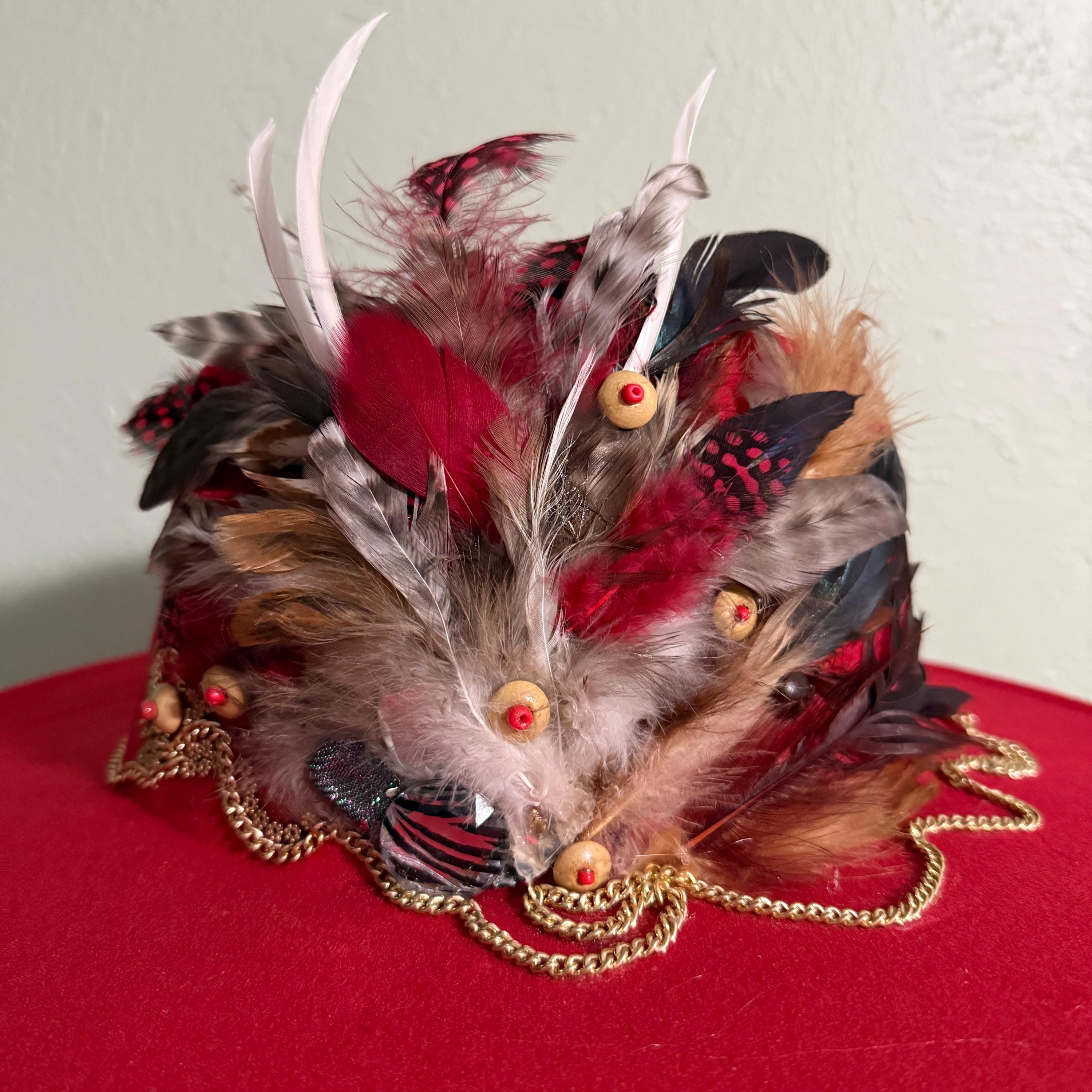 Red Feathered fedora Hat with Script Accents handmade! Make a Bold Statement with This Red Colored Fedora Hat main image 4