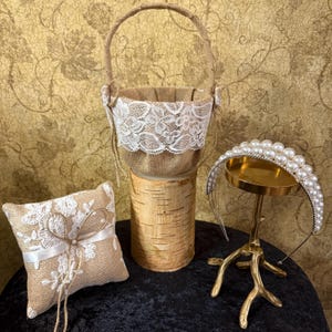 Ring Bearer Burlap Pillow with Ribbon Bow and Unique Lace Flower Girl Basket with Bow Accent & Gold Pearl Headband.