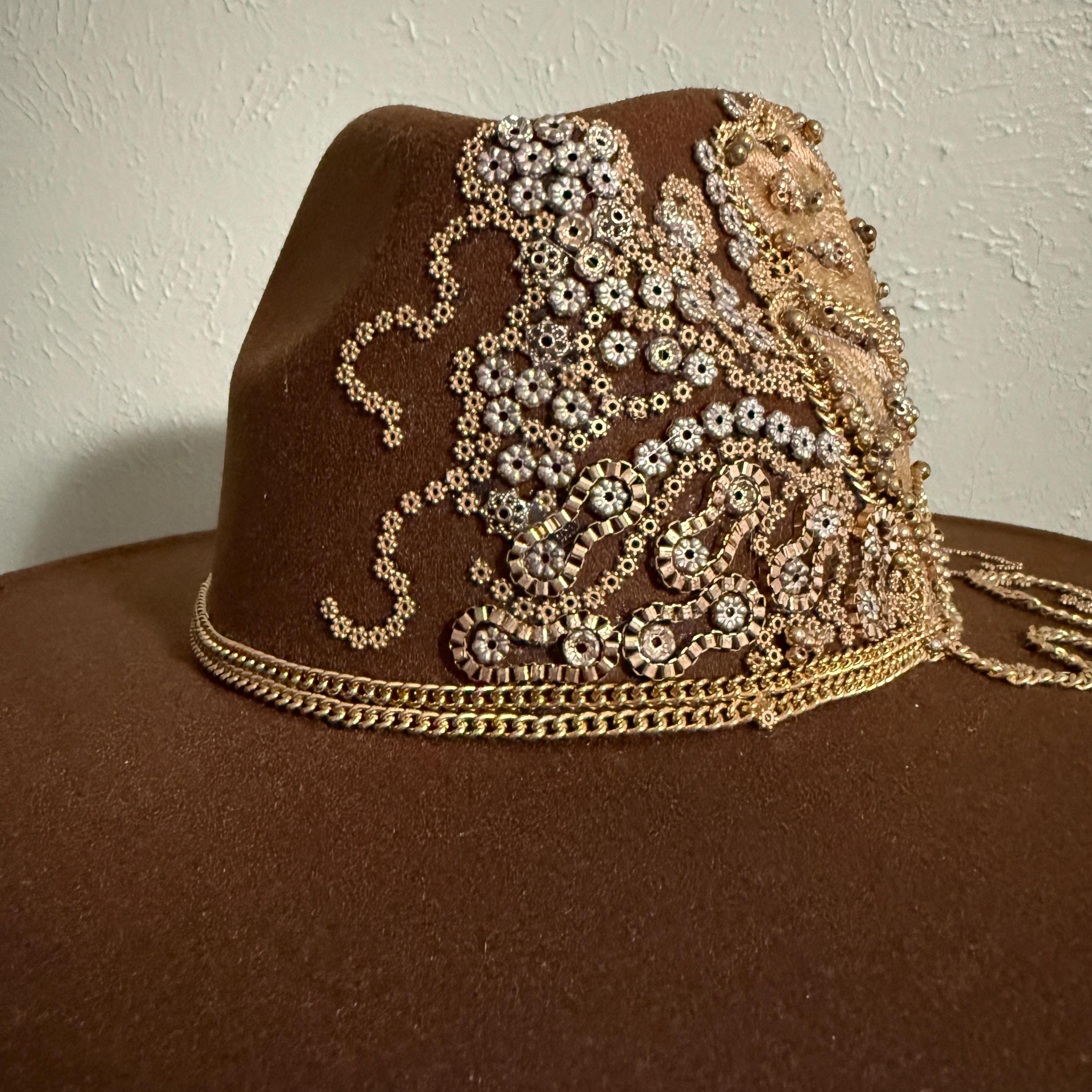 Beautiful Brown Felt Fedora Hat. Embellished With Beautiful 