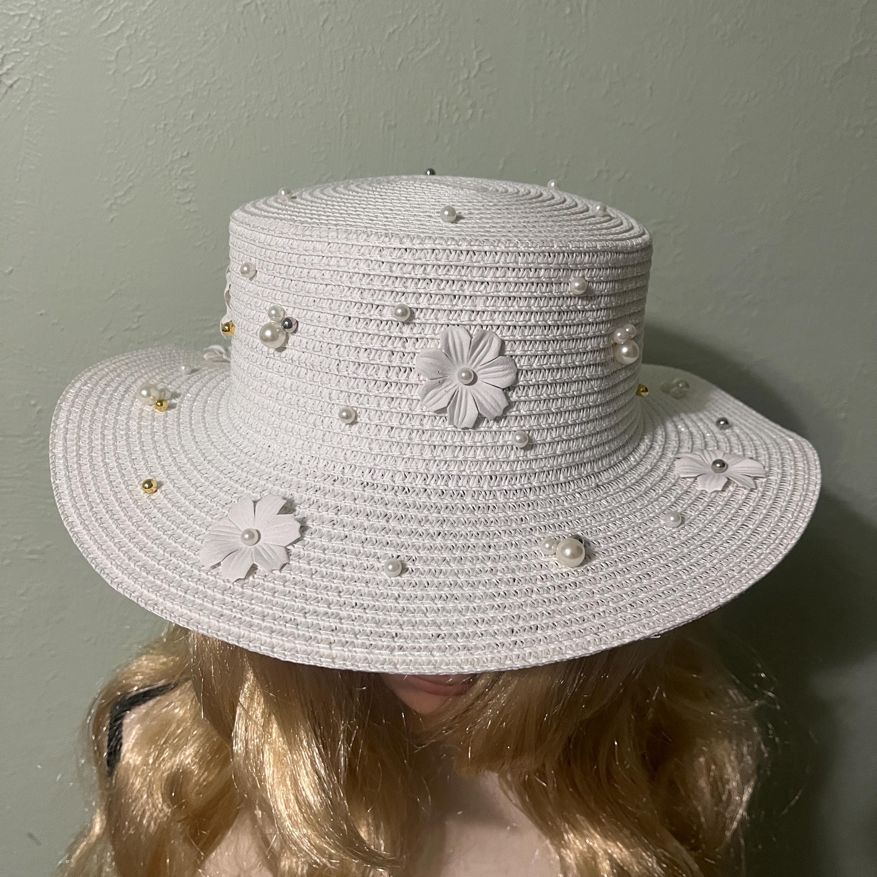 Beautiful White Straw Hat. Embellished With Beautiful Pearls  display picture 1