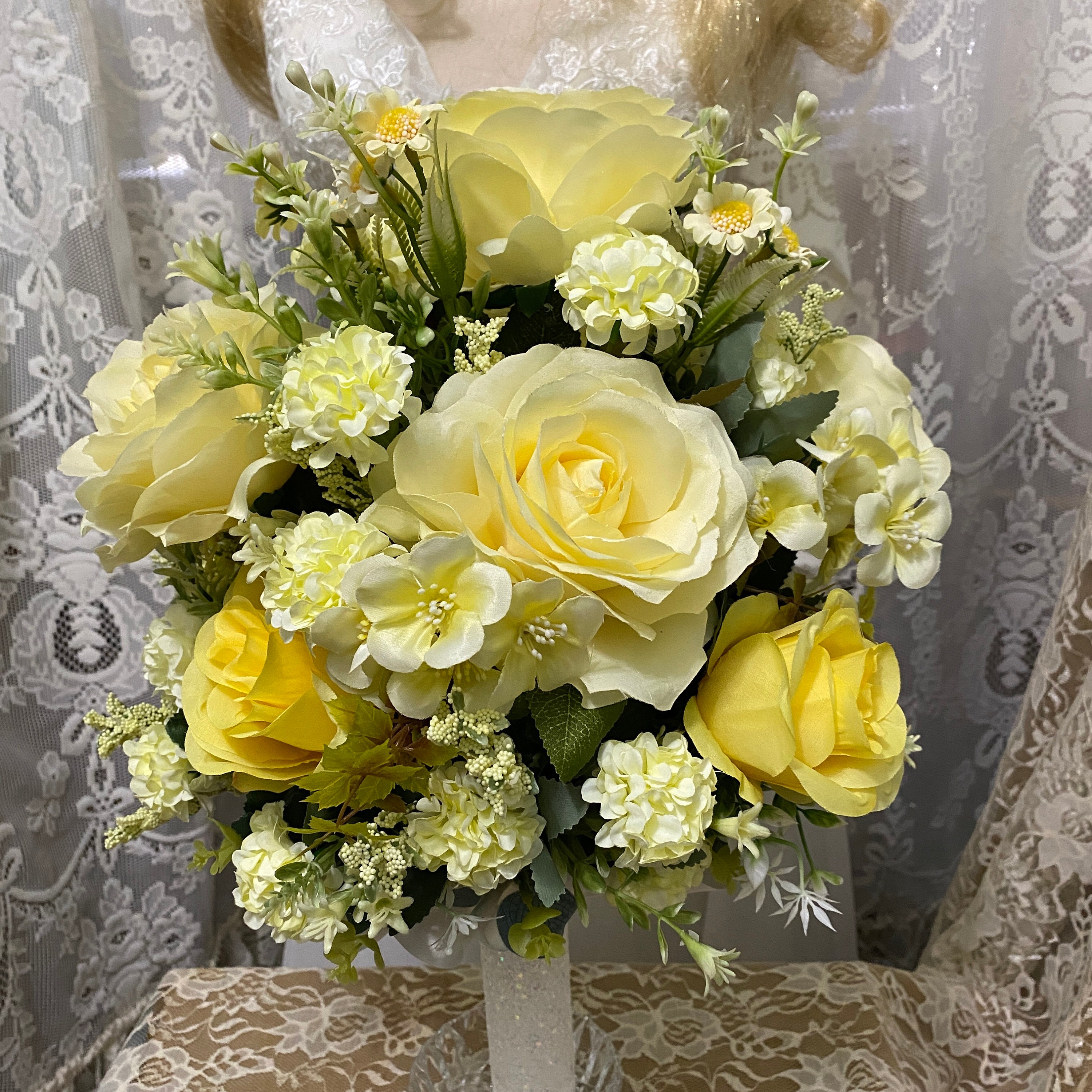 Wedding Bouquet With Beautiful High Quality Silk Yellow Roses Accented With  Light Yellow Flowers and Green Ivy. - Etsy, image size:3000x3000